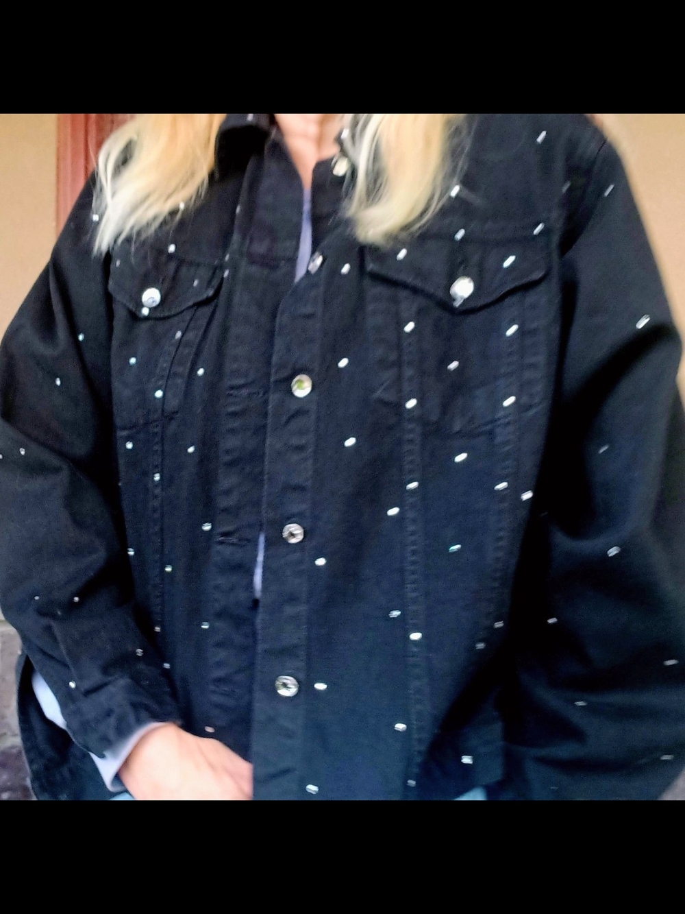 Black Jean Jacket - Women's Classic Black Denim With mirrored Buttons & Sequins